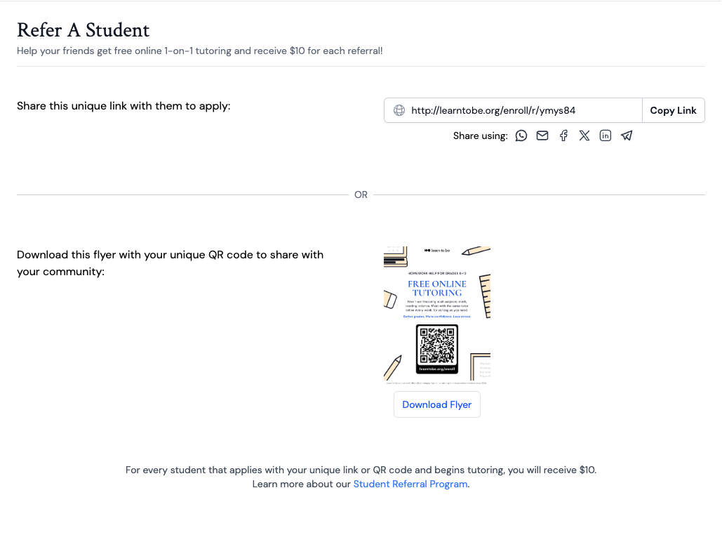 Student referral dashboard screenshot